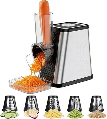 Produktbild von Gemüseschneider Elektrisch, 5-in-1 Gemüsehobel mit 5 Schneidetrommeln, Elektrische Käsereibe, Reibe für Obst und Gemüse, Multireibe, Allesschneider für Käse, Gurken, Karotten, Nüsse