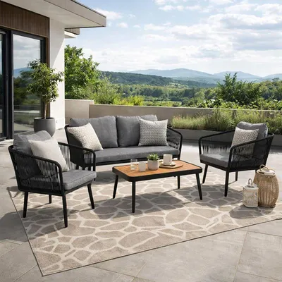 Produktbild von Gartenmöbel Set Sitzgruppe Rope Essgruppe Outdoor Gartenbank Gartentisch Schwarz