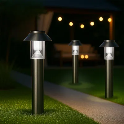 Immagine prodotto di MeLiTec lampada solare da giardino SO06-1, set di 3, lampada solare da giardino a LED rotonda, acciaio inox spazzolato opaco, lampada solare da esterno verticale, durata luce 8h, 31 cm