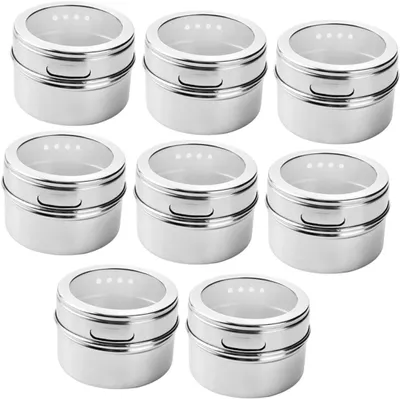 Produktbild von 8 magnetische Gewürzbehälter aus Edelstahl mit durchsichtigem Deckel und doppelsiebigem Filter, einschließlich Aufklebern, für die Küche und Mikrowelle geeignet