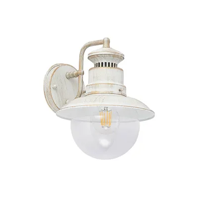 A white antique-finished outdoor wall lamp with a clear glass globe and an LED bulb.