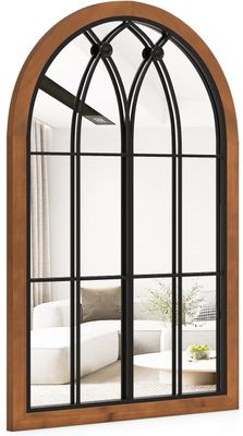 GOPLUS Wandspiegel mit Fensteroptik 90x60 cm, Gewölbter Hängespiegel mit Metallrahmen & Aufhängehaken, Fensterspiegel für Wohnzimmer, Bad & Flur, Natur