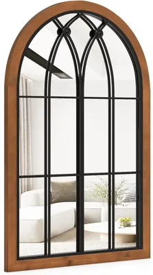 Produktbild von GOPLUS Wandspiegel mit Fensteroptik 90x60 cm, Gewölbter Hängespiegel mit Metallrahmen & Aufhängehaken, Fensterspiegel für Wohnzimmer, Bad & Flur, Natur