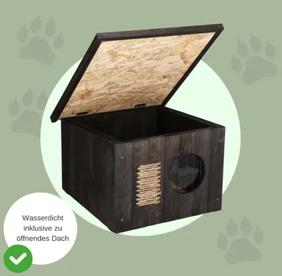 Produktbild von Muntel Katzenhaus Outdoor Winterfest, Katzenhaus Isoliert, Clawsable, Holz Outdoor, Katzenhütte 49,5 x 58 x 36 cm (Schwarz)