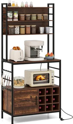 Produktbild von 170 cm hohes Küchenregal, Kaffeebarschrank mit Metallrahmen, integrierter Ladestation, S-Haken und Weinregalen, mit reichlich Stauraum, Braun
