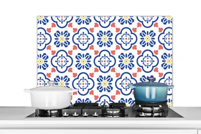 Obrázok produktu pre MuchoWow® Splashback Kuchyňa - Kuchynský backsplash - Ochrana steny pre sporák a drez Kvetina - modrá - červená - vzor 90x60cm Alu-Dibond (alternatíva