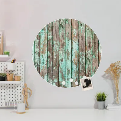 Produktbild von Design Stahlmagnettafel Weiß Rund 47cm Verwittertes Holz