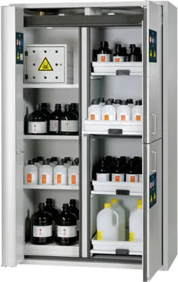 Produktbild von Sicherheitsschrank Typ 90 - Trennwand - Gefahrstoffcenter - mit Schließautomatik - ca. 2 x 1,2 x 0,6 m - Fachböden - Tablarauszüge - Edelstahl
