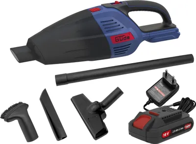 A cordless handheld vacuum cleaner and its accessories are displayed against a white background.