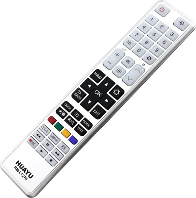 A white remote control with black and gray buttons is shown against a white background.