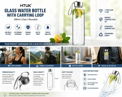 Imagen del producto de Botella de vidrio para deportes, 500 ml, sin BPA, con asa para llevar, a prueba de fugas, ideal para la cocina