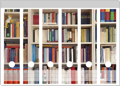 Produktbild von Wallario Ordnerrücken Sticker, selbstklebend für breite Ordner, 6 Stück, Motiv Weißes Bücherregal mit unterschiedlichen Büchern