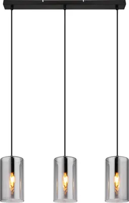 A three-light pendant chandelier with cylindrical glass shades.
