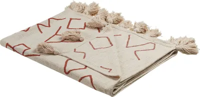 Produktbild von BELIANI Kuscheldecke Beige und Rot Baumwolle 130 x 180 cm Handgefertigt Muster Geometrisch Quasten für Bett Sofa Couch Sessel Wohnzimmer Schlafzimmer