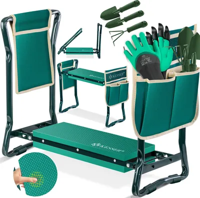 Produktbild von KESSER® 2 in 1 XXL Kniebank für Gartenarbeit Gepolstert Sitzunterlage Eva-Schaumkissen Gartenhocker Klappbar Inkl. 2x Werkzeugtasche Gartenbank Höhenverstellbar 60 x 50 x 27 cm bis 150 kg