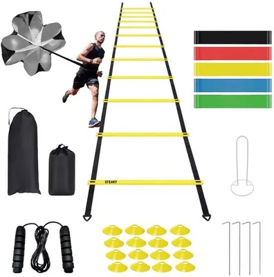 Productafbeelding van Unyqoos® Snelheid- en behendigheidstrainingsset – 8 meter ladder (16 vakken), 5 weerstandsbanden, weerstandsparachute en draagtas voor coördinatie en sprinttraining