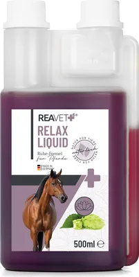 Produktbild von REAVET Relax Liquid für Pferde 500ml - sekundierend zur Beruhigung mit Baldrian, Melisse I Entspanntes & ausgeglichenes Pferdeleben