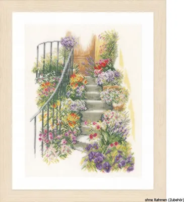 Produktbild von Lanarte Kreuzstich-Set "Treppen mit Leinenblumen", Zählmuster