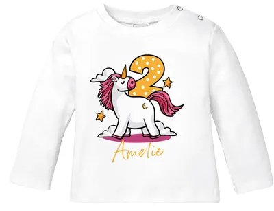 Produktbild von Langarmshirt mit Namen Zahl Geburtstagsshirt Geschenk 1. (2.) Gerburtstag Einhorn Motiv Mädchen SpecialMe® 2 Jahre weiß 80/86 (10-15 Monate)