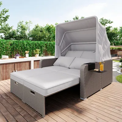 Produktbild von Garten-Loungesofa 2-Personen mit Sonnendach - Polyrattan Sonneninsel Khaki - Ausziehbar & Wetterfest - Robustes Stahlgestell bis 300kg belastbar - Inkl. Polster