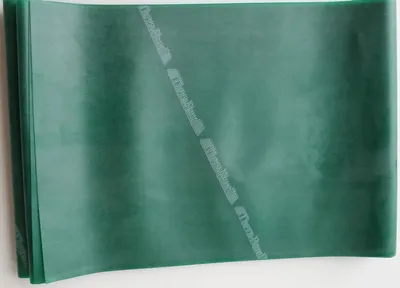 A folded green exercise band with the brand name printed on it.