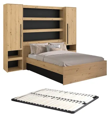 Produktbild von Bett mit Stauraum & LEDs - 160 x 200 cm - Holzfarben & Schwarz - VARLY