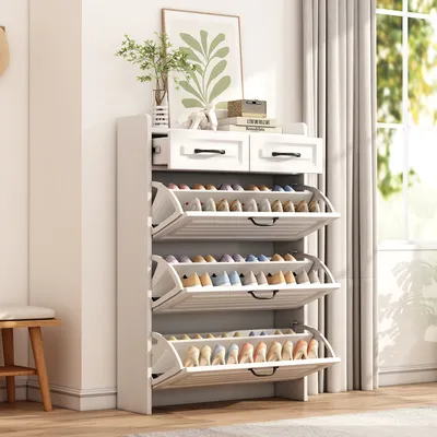 Produktbild von MODFU Schuhschränke Schuhkommode mit drehbarem Schuhschrank, Holzschuhschrank, Schuhregal, Weiß