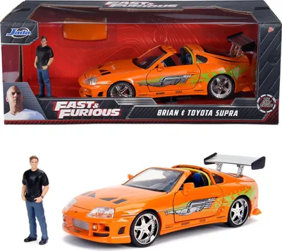 A toy car and figure set from the Fast & Furious franchise, shown in its packaging and also displayed separately.
