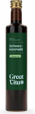 A bottle of GreatVita Schwarzkümmelöl on a white background.