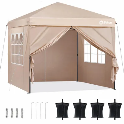 Produktbild von Sekey Faltpavillon 3x3 mit 4 Seitenwänden und mit 4 Sandsäcke, Wasserdicht Pop Up Pavillon für Camping, Festival, Events, Picknicks, Taupe
