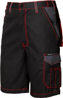 A pair of black work shorts with red stitching and gray accents.