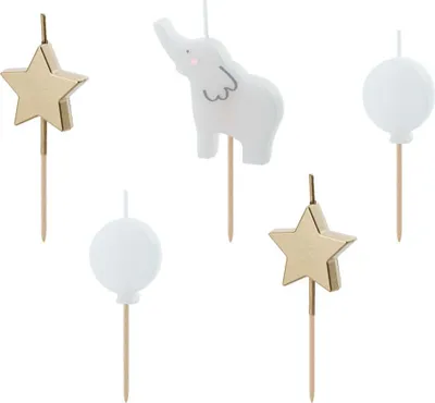 Produktbild von Geburtstagskerzen Elefant und Sterne 3-5cm Weiß / Gold 5er Set