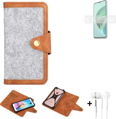 Produktbild von K-S-Trade Handyhülle + Kopfhörer kompatibel mit Xiaomi Redmi Note 11E 5G Schutzhülle Filz Hülle Kunstleder hellgrau braun (1x)