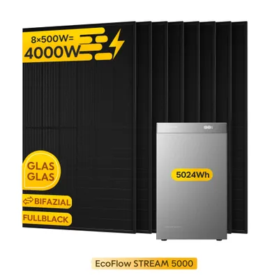Produktbild von Powerness® Balkonkraftwerk mit Speicher 5024Wh, EcoFlow Stream 5000 Speicher und 8 x 500W Full Black Bifaziale Solarmodule (0% MwSt)