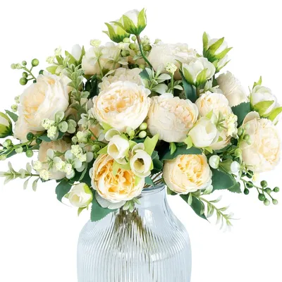 4 Kunstpfingstrosen-Sträuße, Champagner, Seidenblumen, 32 cm