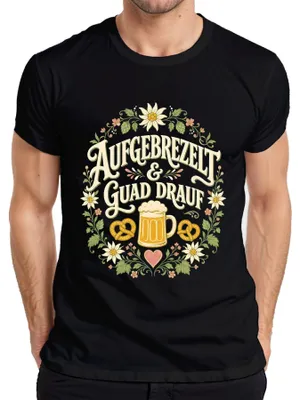 Productafbeelding van Oktoberfest-shirt voor heren, zwart, maat L, met opdruk: "Aufgebrezelt & Guad Drauf", "Oktoberfest", "Wiesn", "Bayern", "Lederhose"