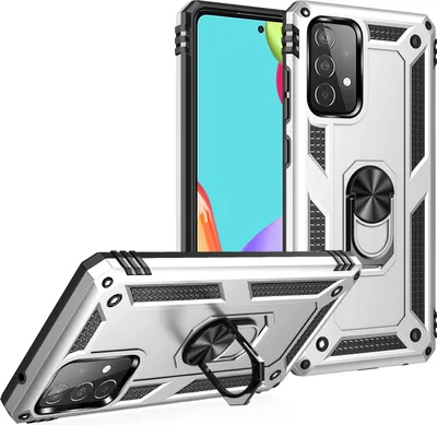 Obrázek produktu pro Pouzdro pro Galaxy A52 5G dvouvrstvé robustní, vojenská ochrana pouzdro s držákem prstenu a stojánkem Stříbro