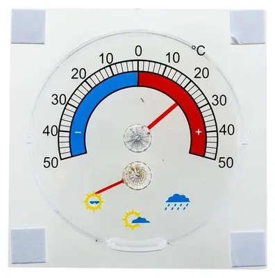 A round thermometer with Celsius markings and weather symbols.