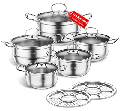 12-tlg. Edelstahl-Kochtopf-Set mit Glasdeckeln, Induktion