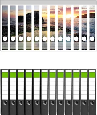 Produktbild von Wallario 12 Stück schmale Ordner inkl. Klebeetiketten mit Motive Felsige Küste bei Sonnenuntergang -  Set mit Rückenschildern / Ordnerrücken Stickern