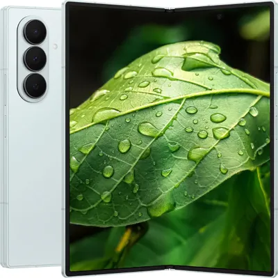 A mint-colored Samsung Galaxy Z Fold7 smartphone is shown partially open, displaying a close-up image of a green leaf with water droplets on its screen.