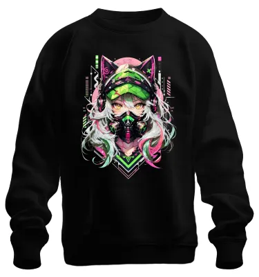 Productafbeelding van Cyberpunk anime, kattenmeisje, gasmasker, Japan, Y2K, otaku, manga, sweatshirt, trui, zwart, maat M