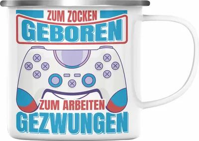 Produktbild von Trendation - Lustige Gamer Emaille Tasse Zocker Geschenk Gamer Gamergirl Geschenkidee Geburtstag Zum Zocken Geboren (Silber)