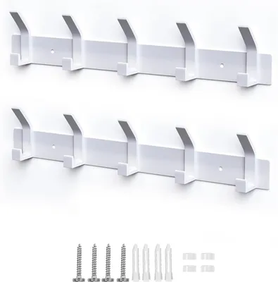 Produktbild von Wandgarderobenhaken, 2er-Set mit 5 Haken, Metallgarderobenhaken, Garderobenständer für Schlafzimmer, Badezimmer, Küche, Kleiderschrank, Wandgarderobe (weiß)