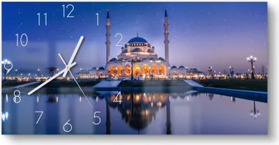 Produktbild von DEQORI Glasuhr 60x30 cm Zahlen 'Sharjah Moschee bei Nacht' Wanduhr Glas Uhr Design leise