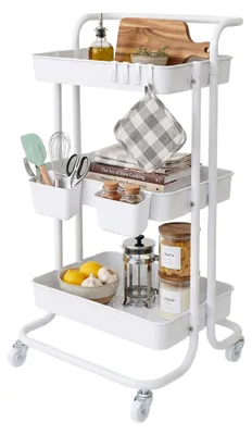 Produktbild von Relaxdays Rollwagen, 3 Etagen, Allzweckwagen, Hobby, Büro, Bad, Küchenwagen HBT: 87x43x38 cm, Metall & Kunststoff, weiß