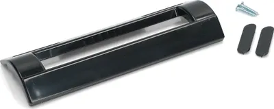 A black refrigerator handle with two small black caps and two screws on a white background.