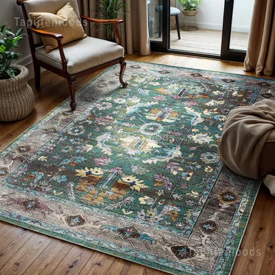 Productafbeelding van Unyqoos® Vintage-tapijt Pablo – Korte pool, 160 x 230 cm, groen/meerkleurig, gemakkelijk te onderhouden synthetische vezels, STANDARD 100 gecertificeerd