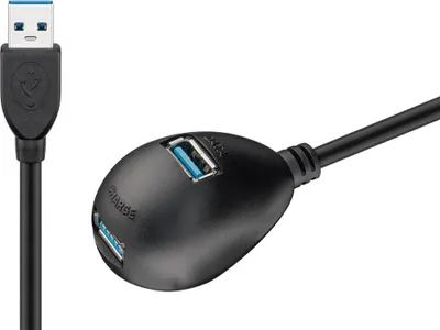 Produktbild von USB-A-Verlängerung mit Standfuß, 1,5 m, schwarz 7,5 W, 1,5 A, 5 Gbit/s, USB 3.0, 1x USB-A-Stecker > 2x USB-A-Buchse