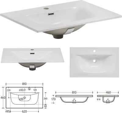 A collage of images showing a white ceramic sink from different angles and a technical drawing with dimensions.